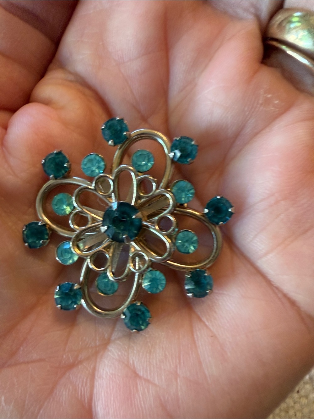 Teal Crystal Floral Brooch - Women's Jewelry